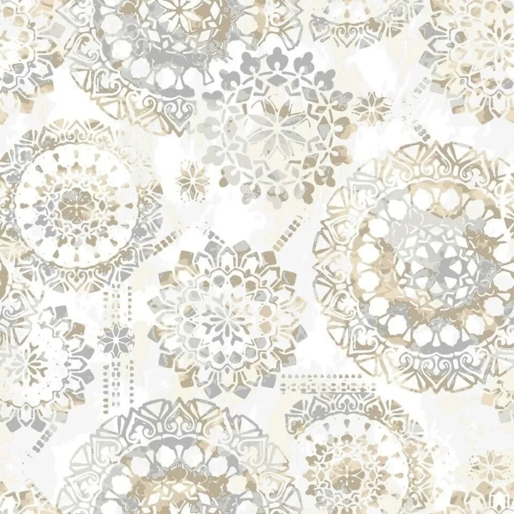 RoomMates Peel & Stick Wallpaper Roll Bohemian Floral Medallion Gray Beige Boho